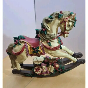 Beautiful VTG Hand-Crafted Carved Christmas Musical Rocking Horse - 13x14.5in!